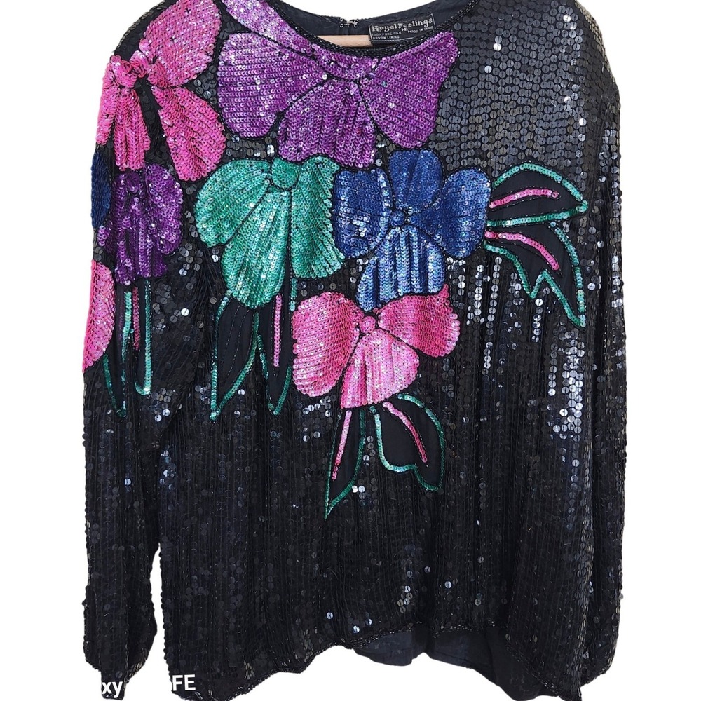 Vtg 80s Fully Sequined Top Women M Black Floral Beaded Silk Blouse Black Pink
